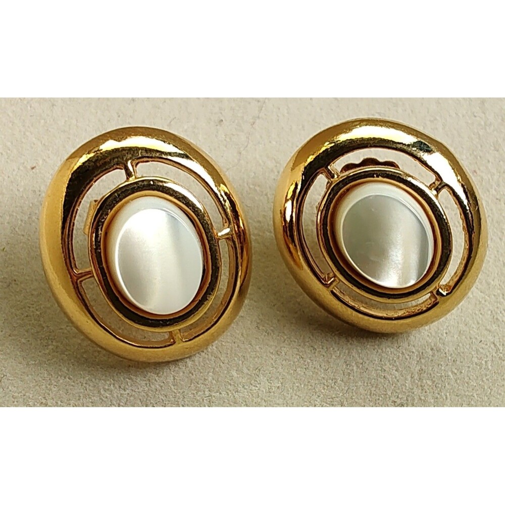 1990s Avon Mother Of Pearl Gold Plated Openwork Oval Pierced Earrings